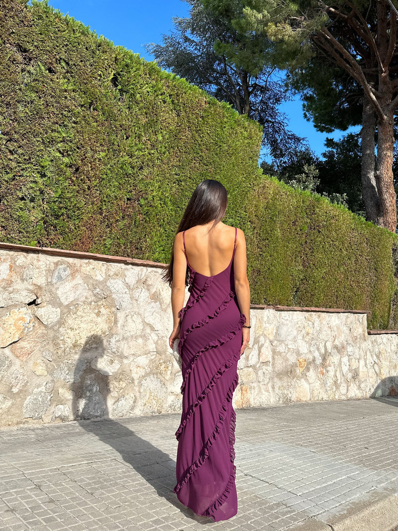 Robe à volants en crêpe aubergine