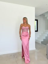 Robe à corset en satin brillant rose