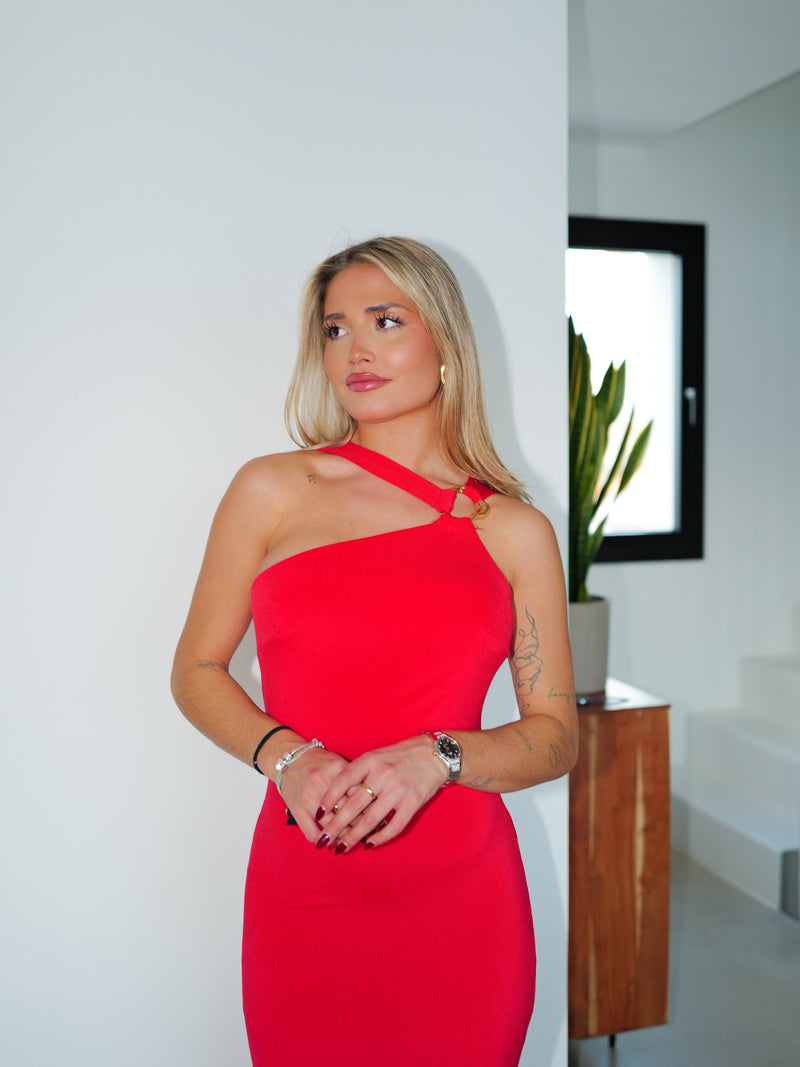 Robe longue avec anneau asymétrique rouge