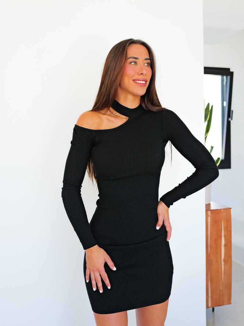 Robe ras du cou asymétrique noir ras du cou côtelé