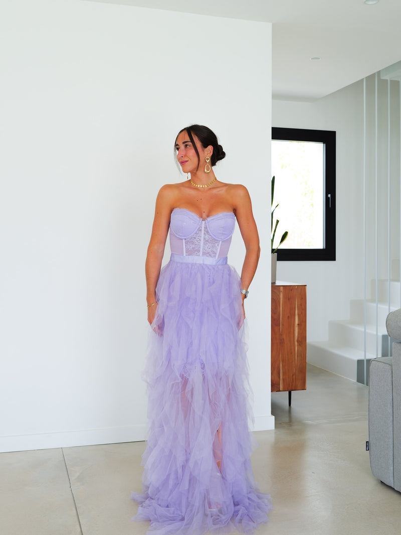 Robe à corset dentelle volants lilas