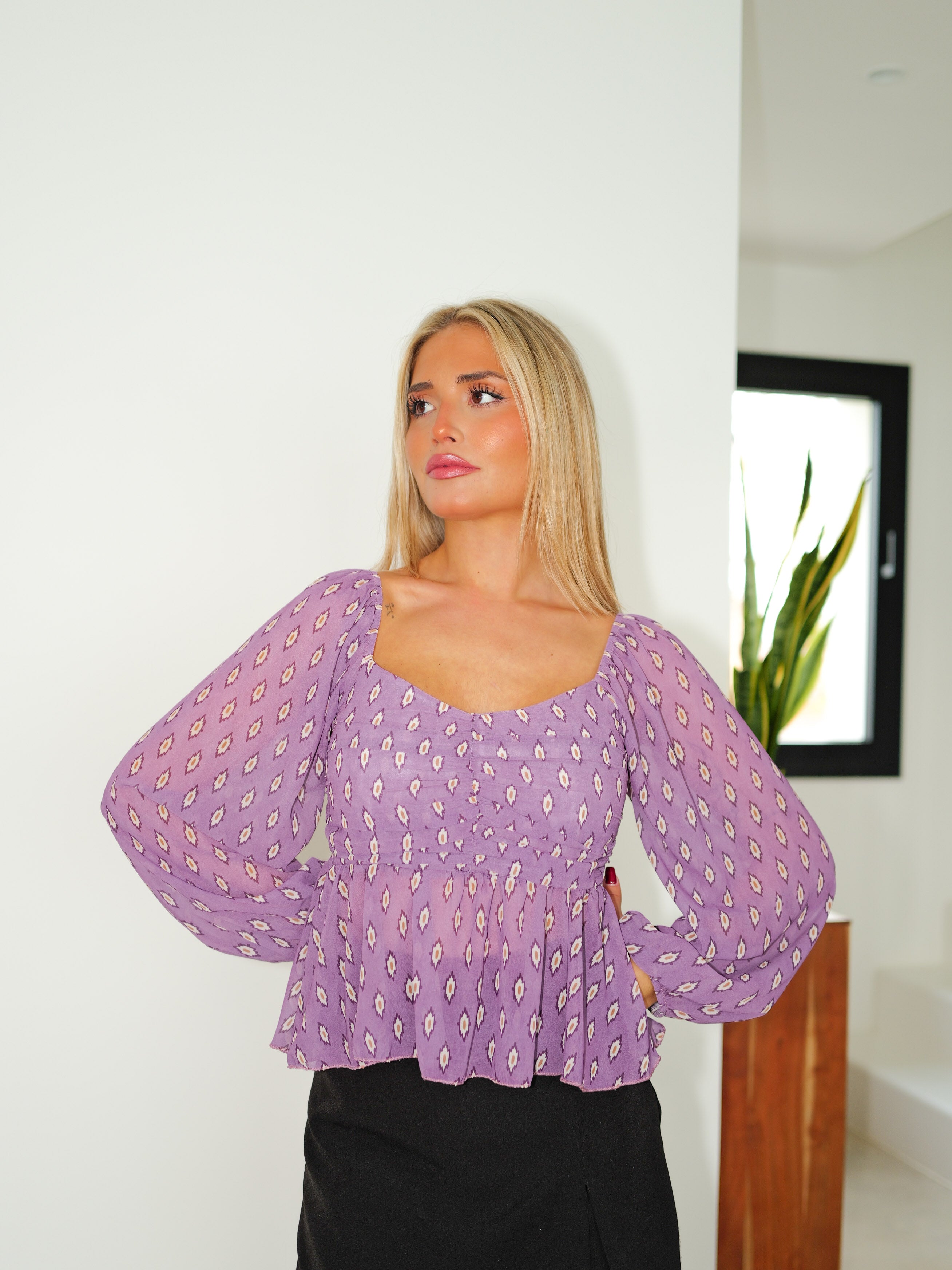 Blouse à manches en mousseline de soie lilas