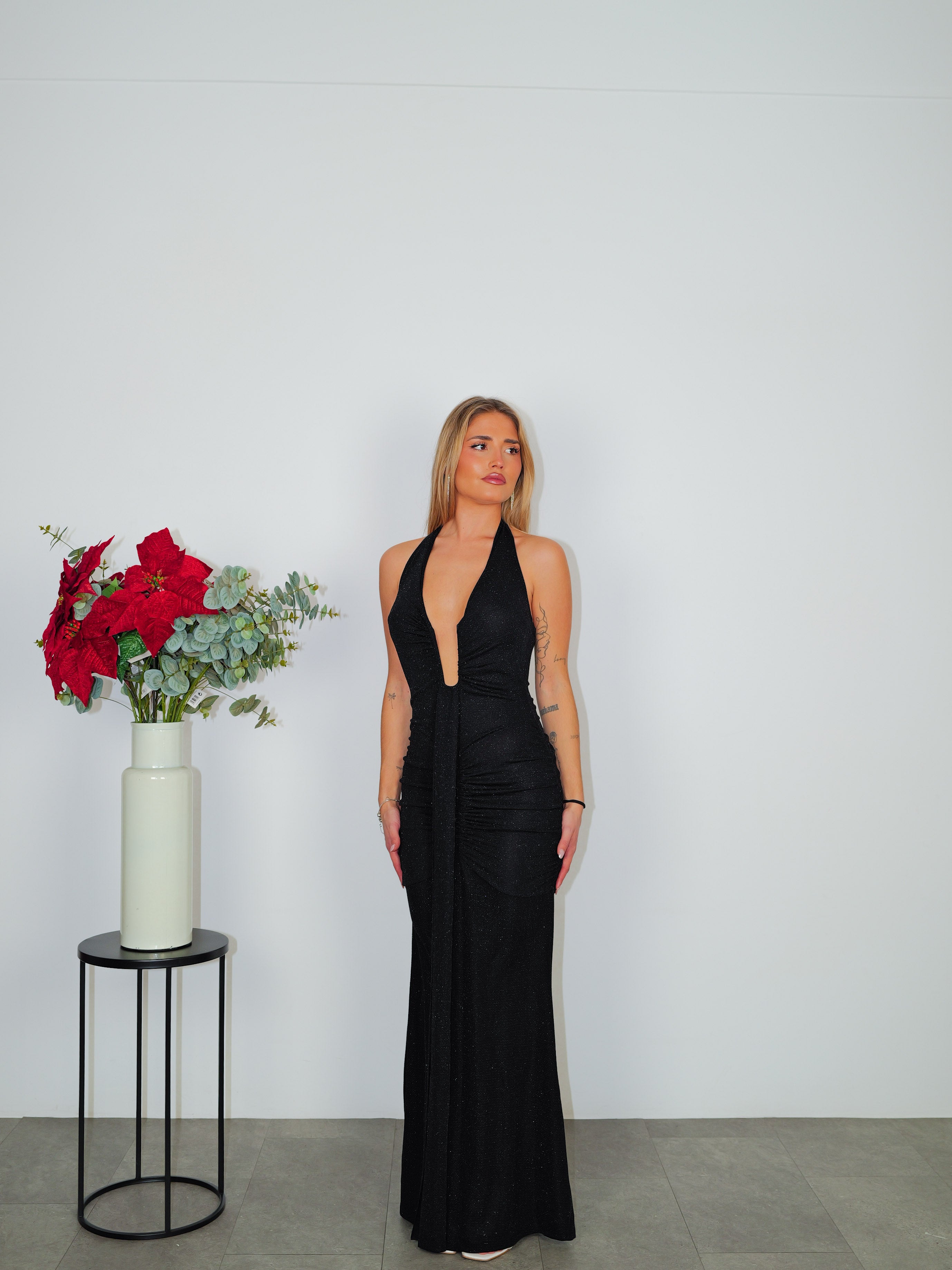 Robe longue décolleté bandeau en lurex noir