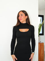 Vestido midi cuello canalé negro