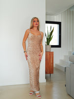 Vestido largo velvet brillo beige