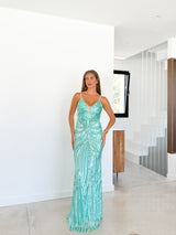 Robe imprimée en strass turquoise