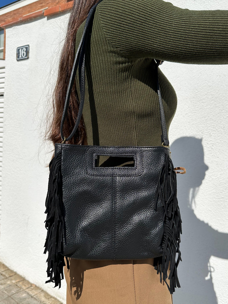 Sac en cuir lisse avec franges noir