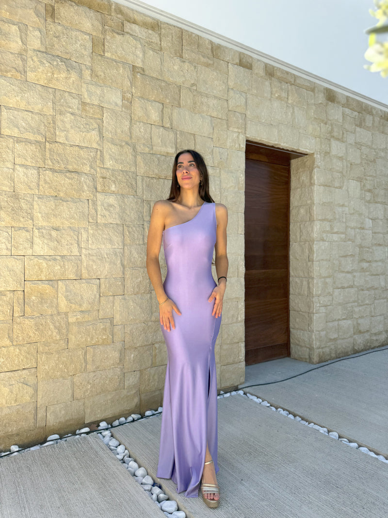 Robe asymétrique lilas avec nœud au dos