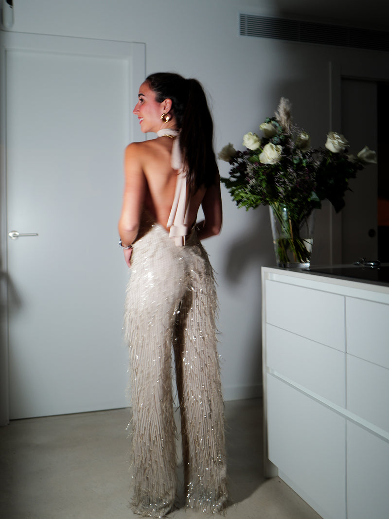 Mono halter strass flecos beige