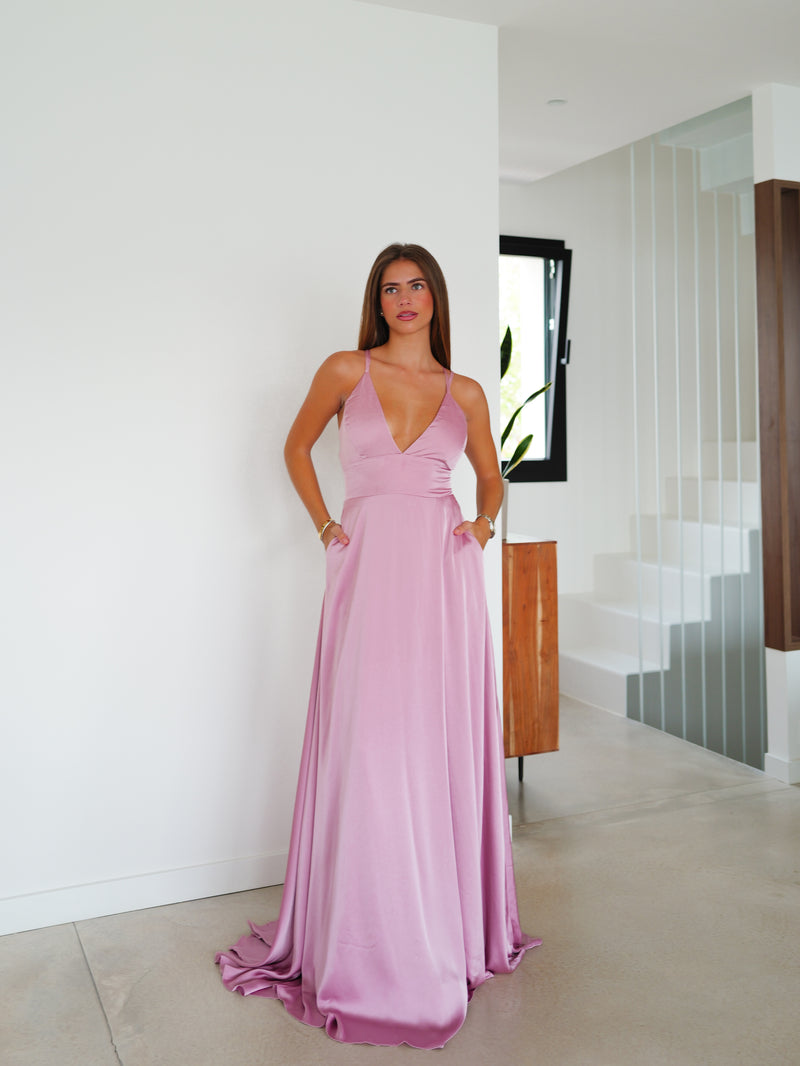 Robe en satin entrelacé rose