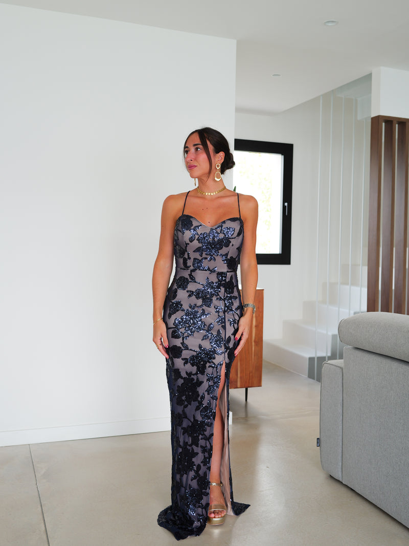 Robe à imprimé floral avec strass marine