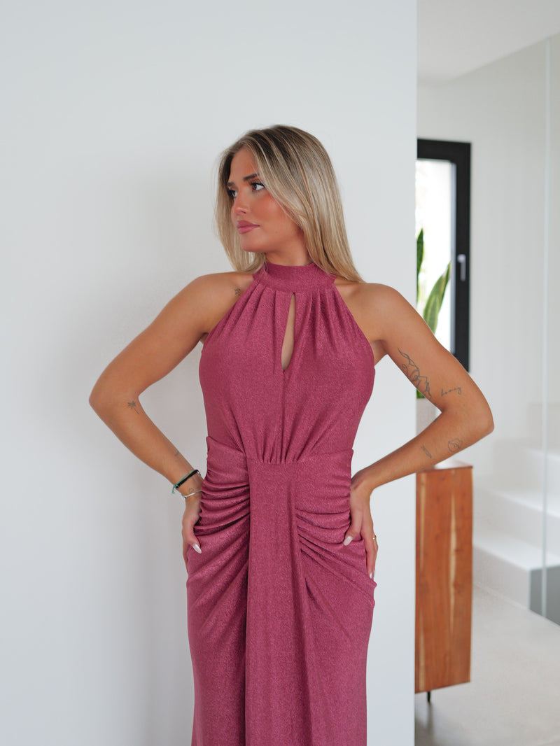 Robe ovale en lurex à dos nu bordeaux