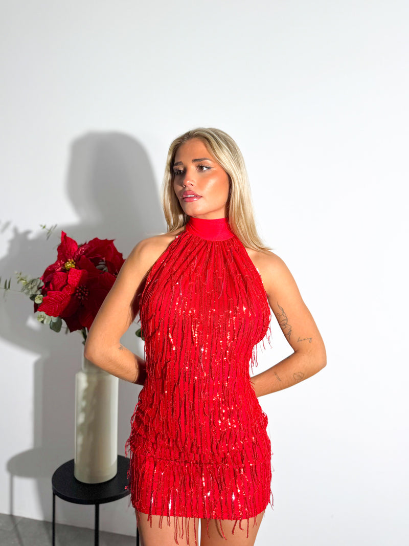 Vestido mini glitter flecos rojo