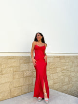 Robe longue corset en satin rouge