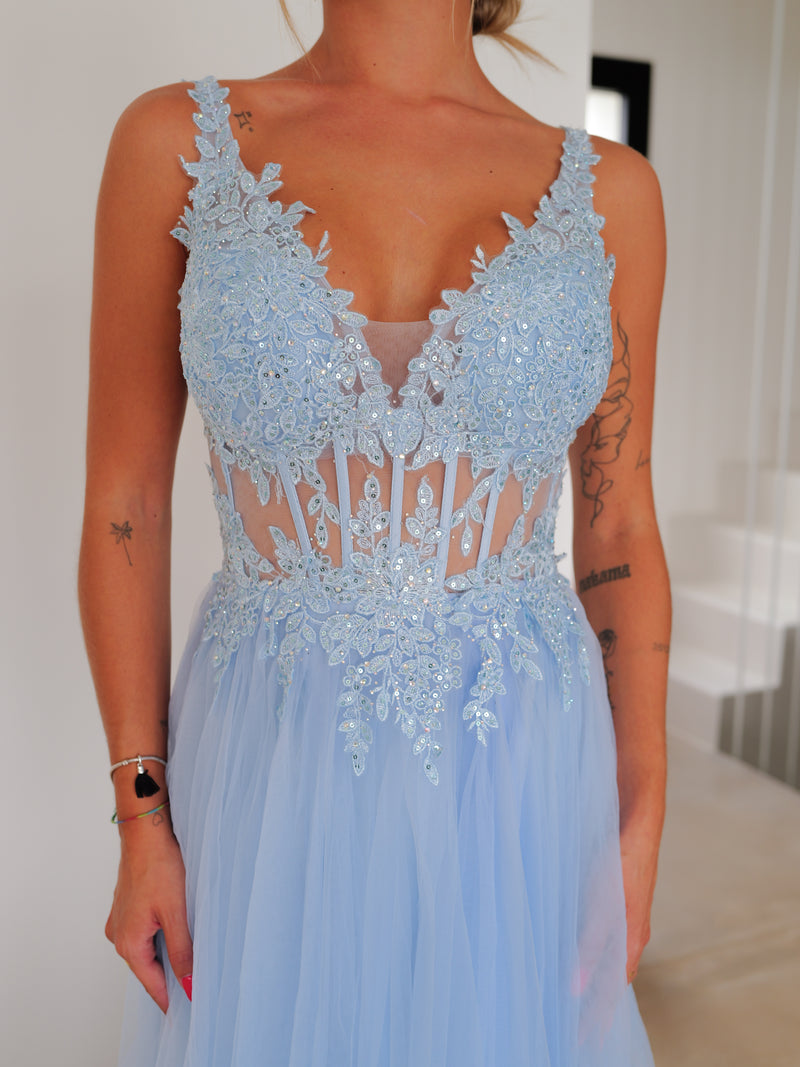 Robe corset à col en V en tulle bleu clair