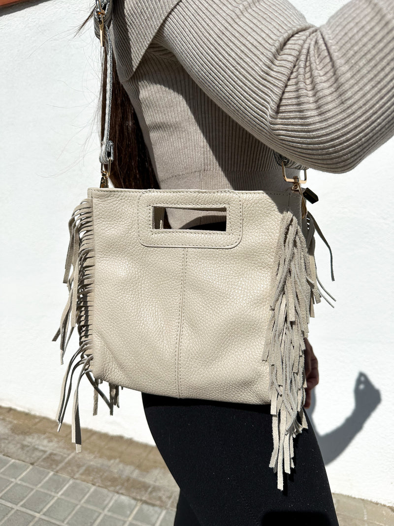 Sac en cuir lisse frangé crème