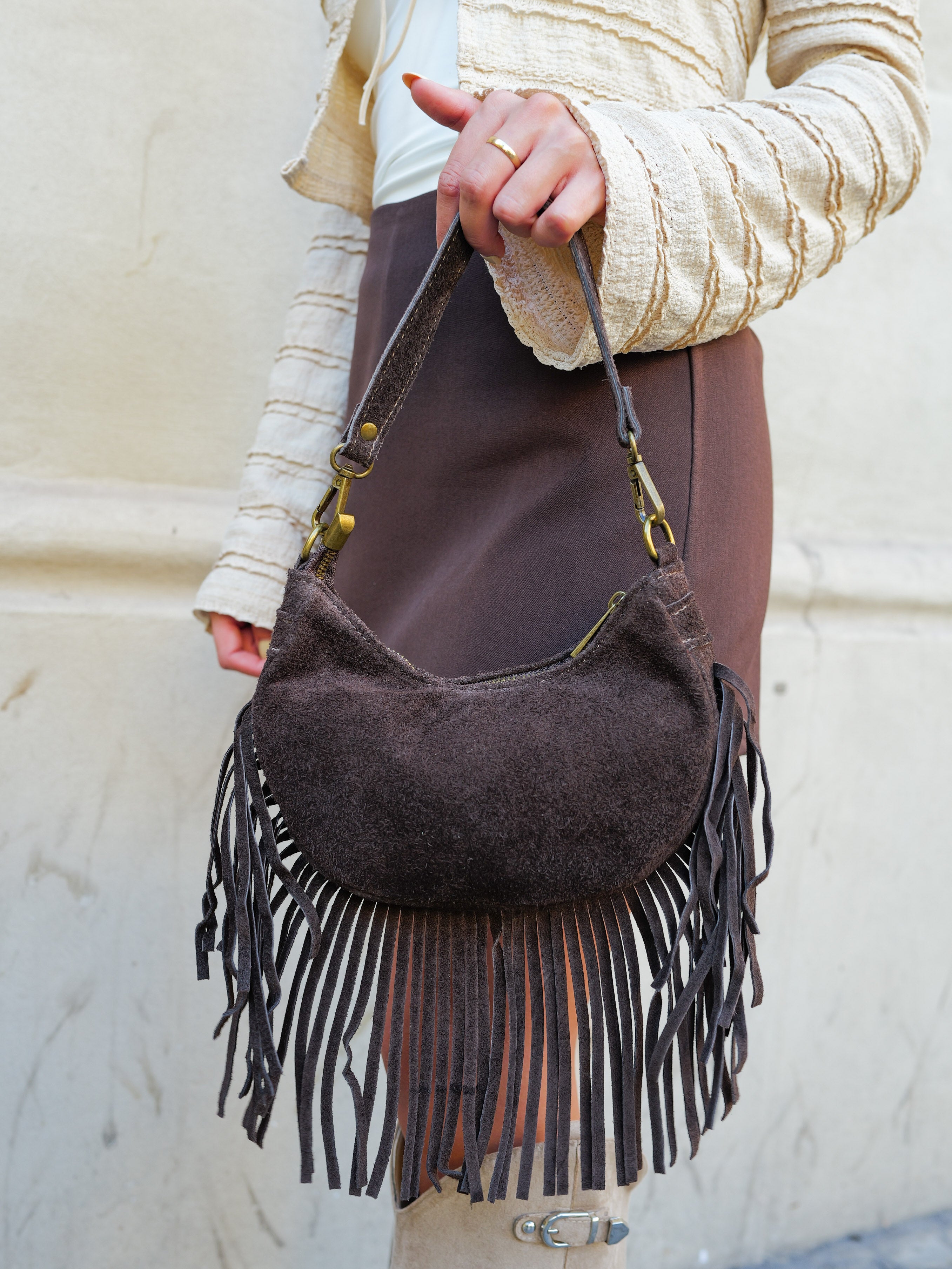 Sac à franges en cuir chocolat