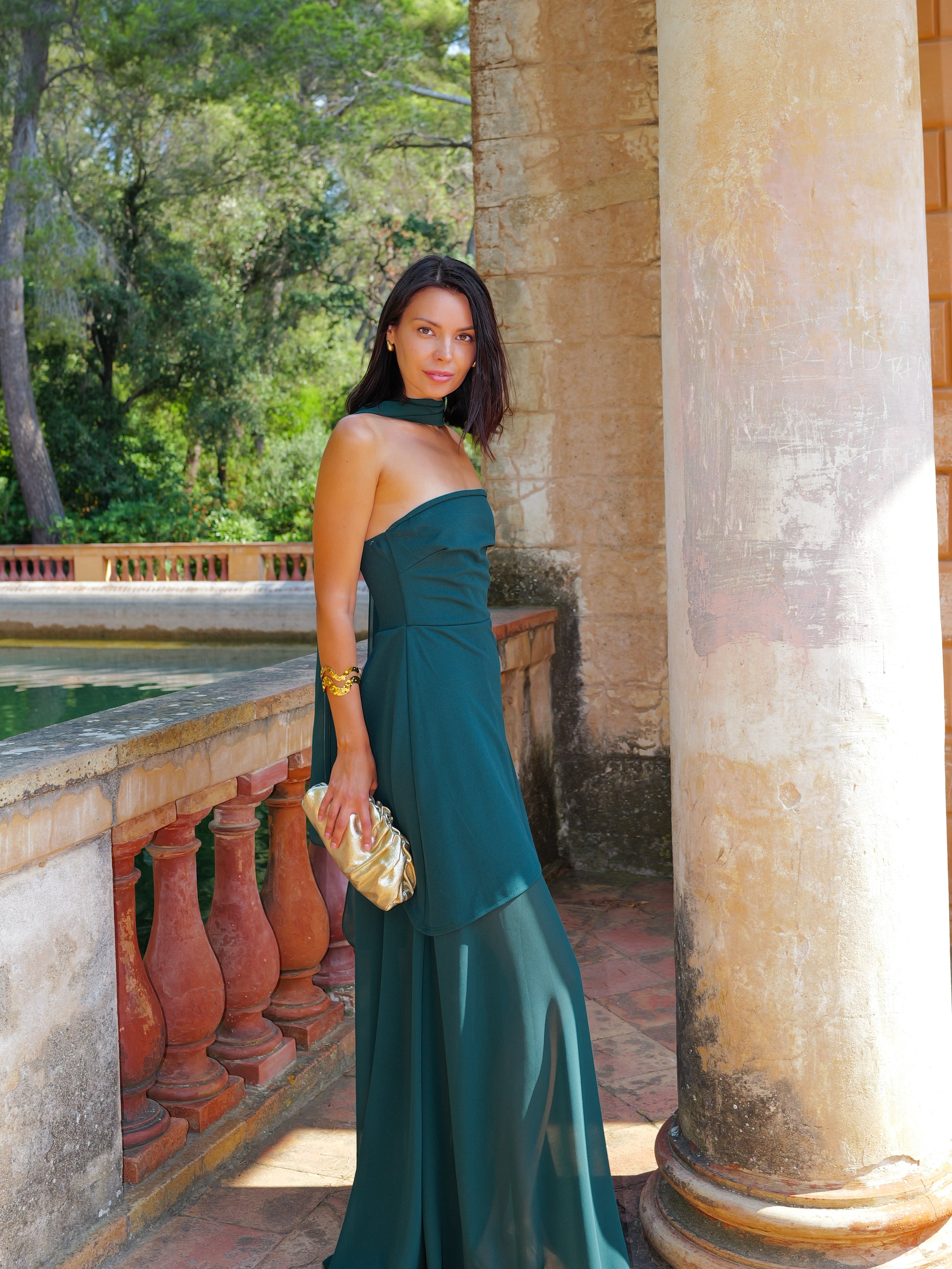 Robe bustier jupe tour de cou chiffon bouteille