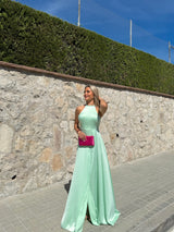 Robe dos nu en satin menthe