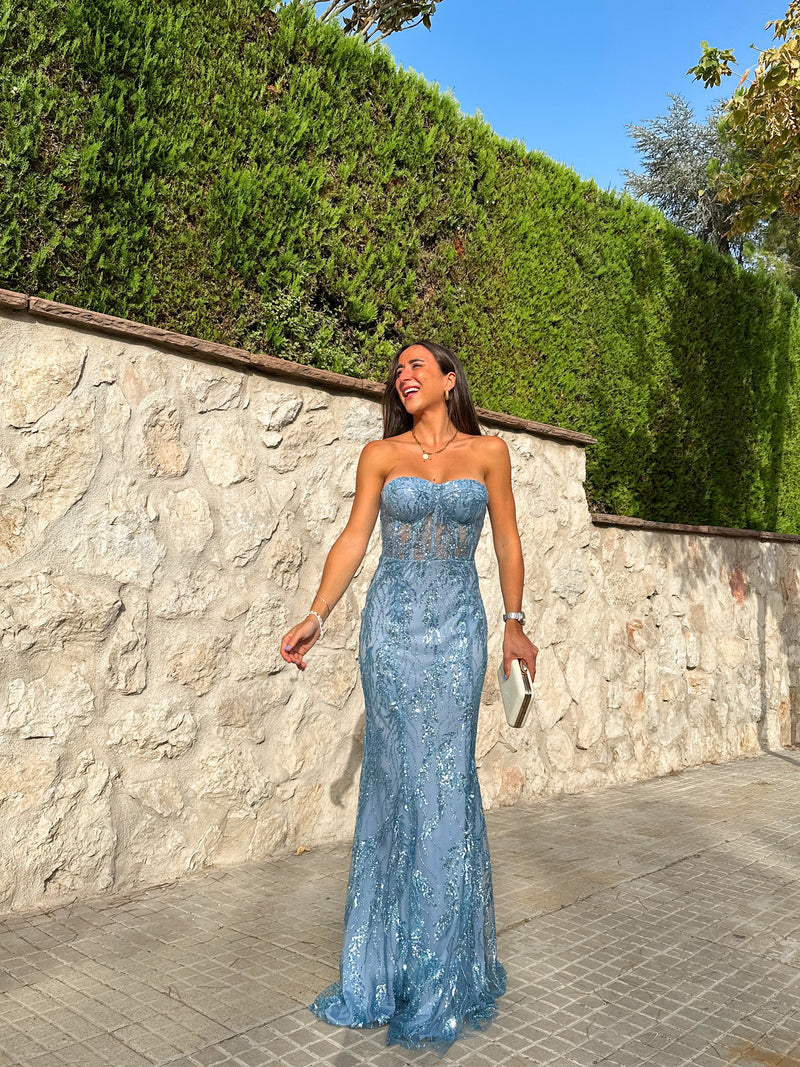 Robe corset avec strass bleu clair