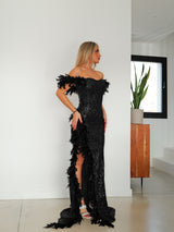 Vestido corse glitter plumas negro