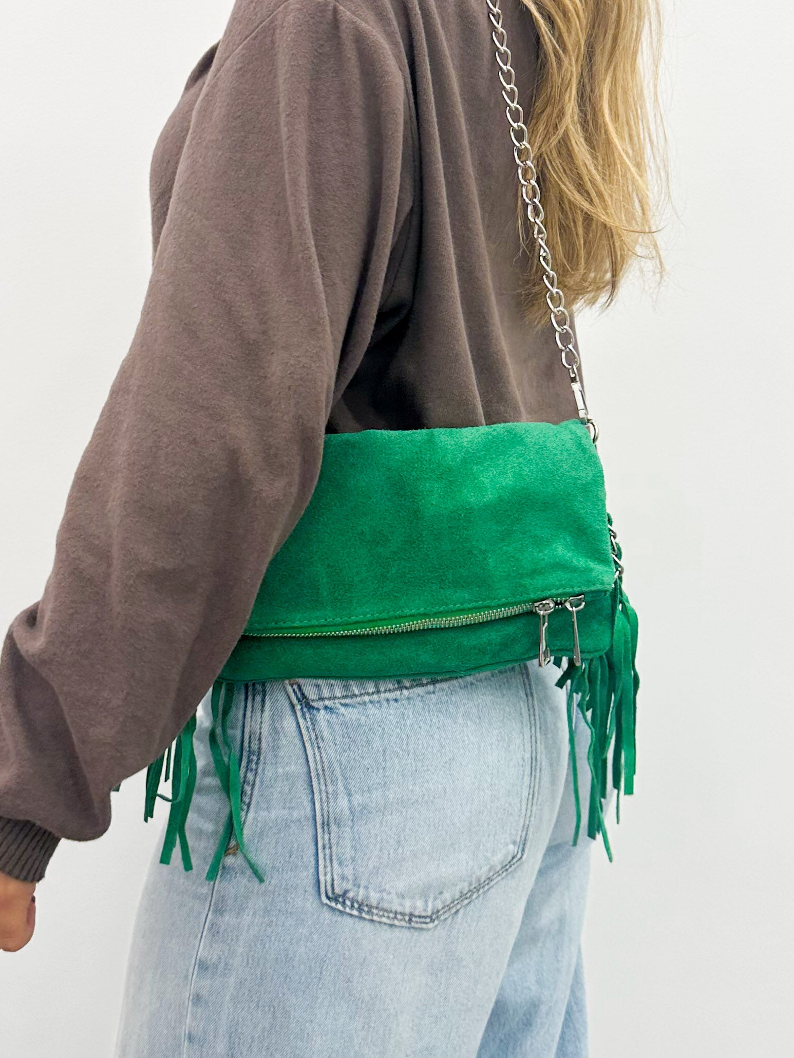 Sac en daim à chaîne frangée vert