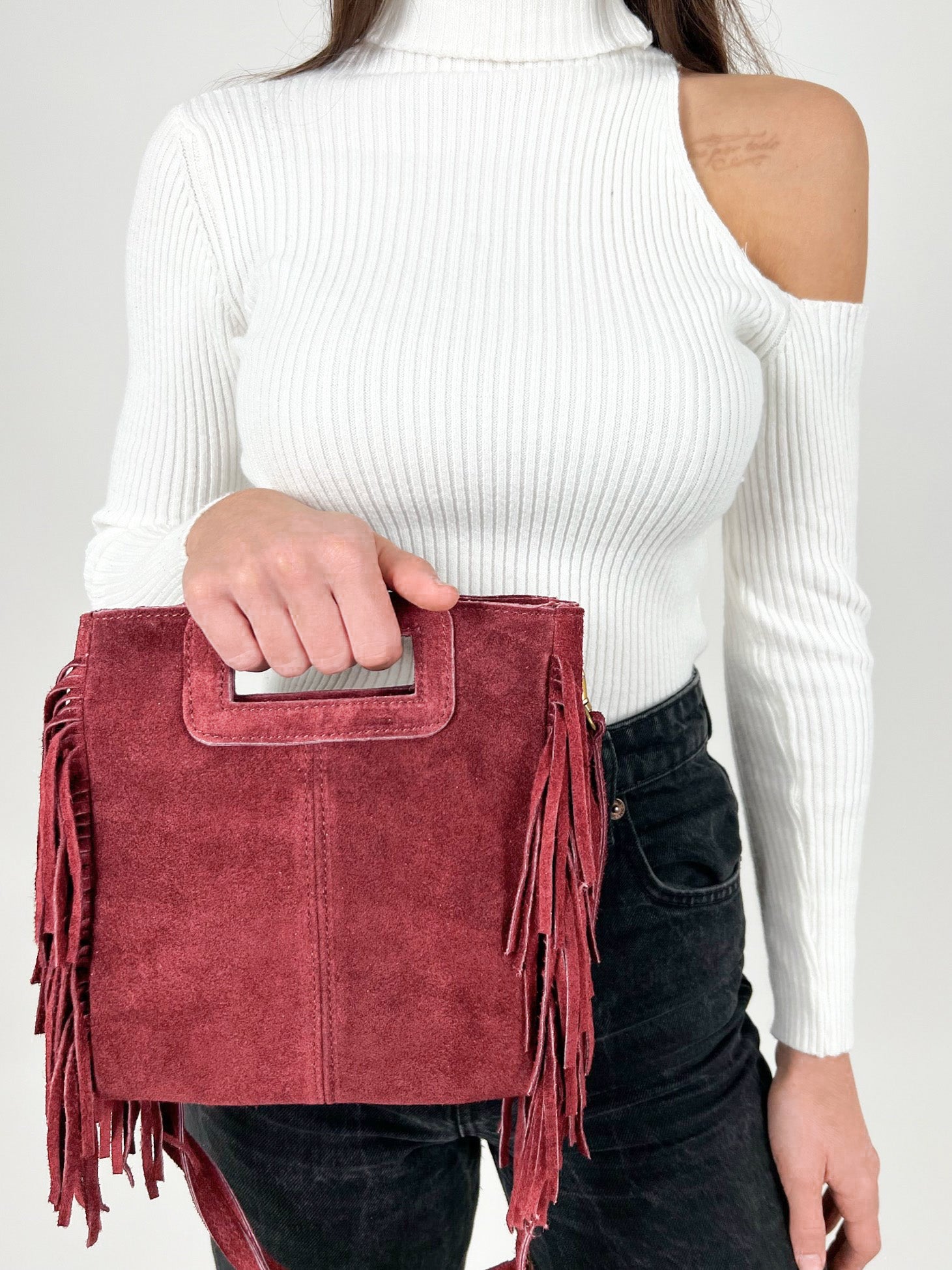 Sac en cuir frangé bordeaux