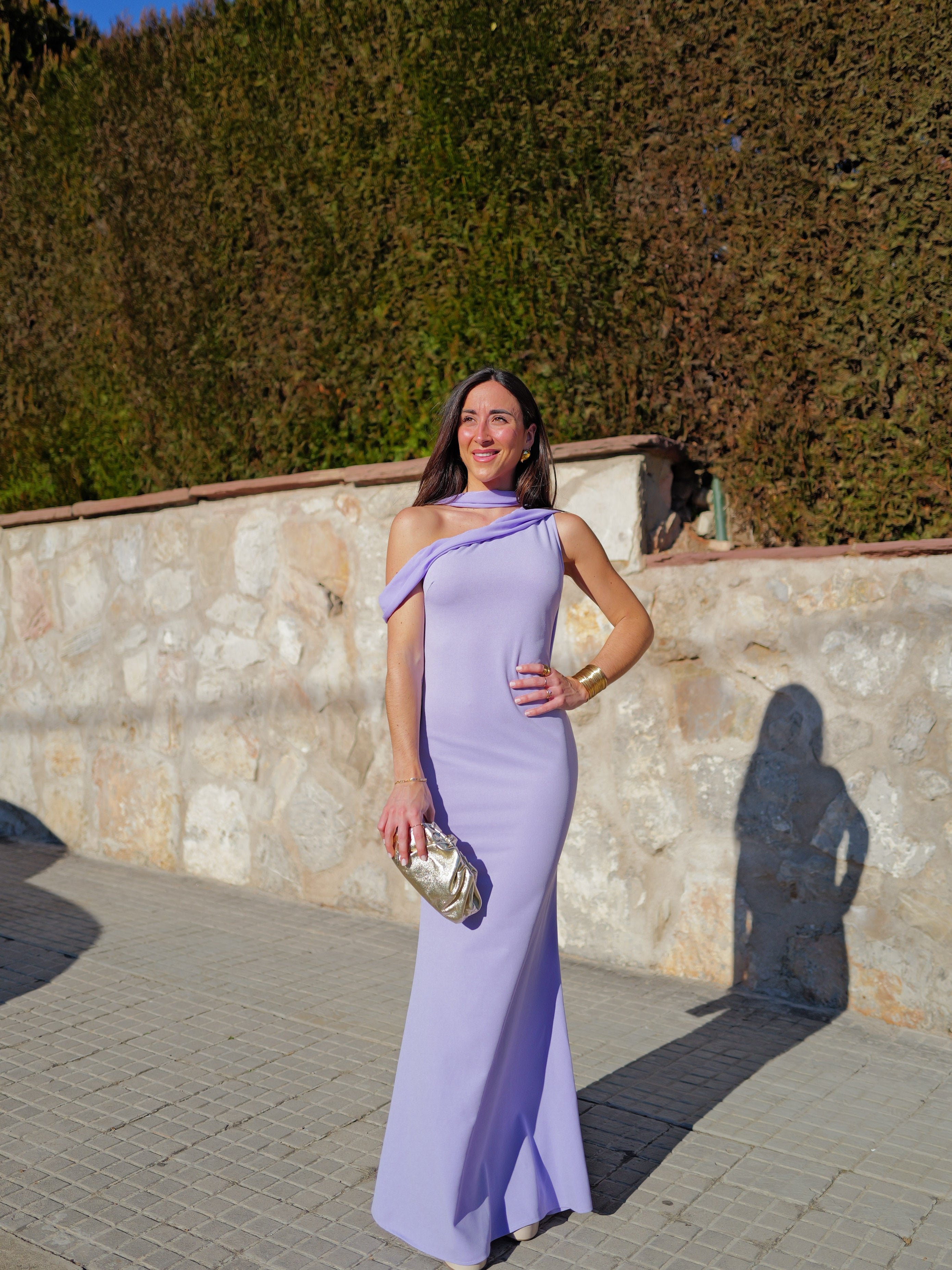 Robe longue asymétrique en mousseline de soie lilas