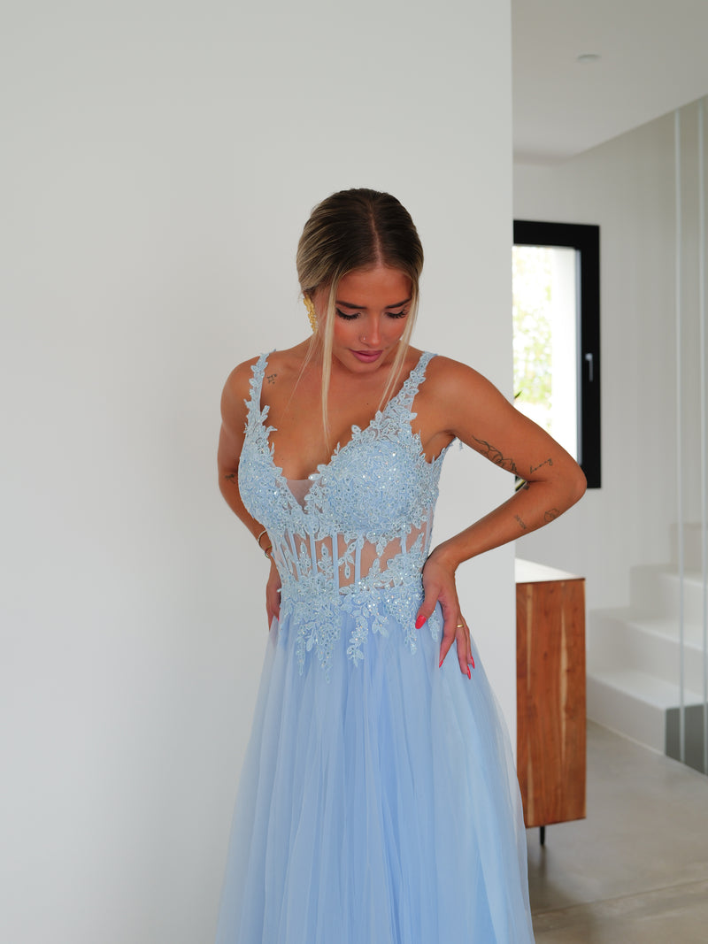 Robe corset à col en V en tulle bleu clair