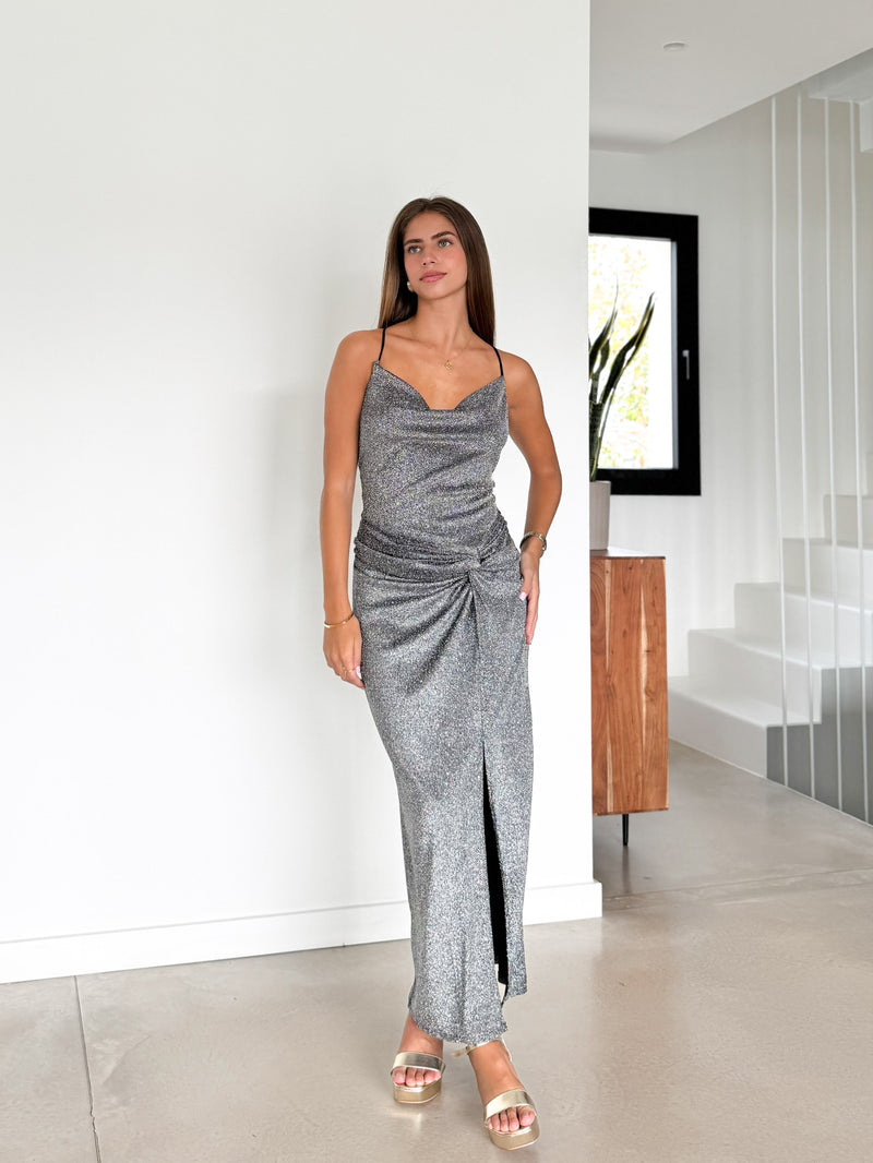 Robe midi lurex cascade entrelacé argent