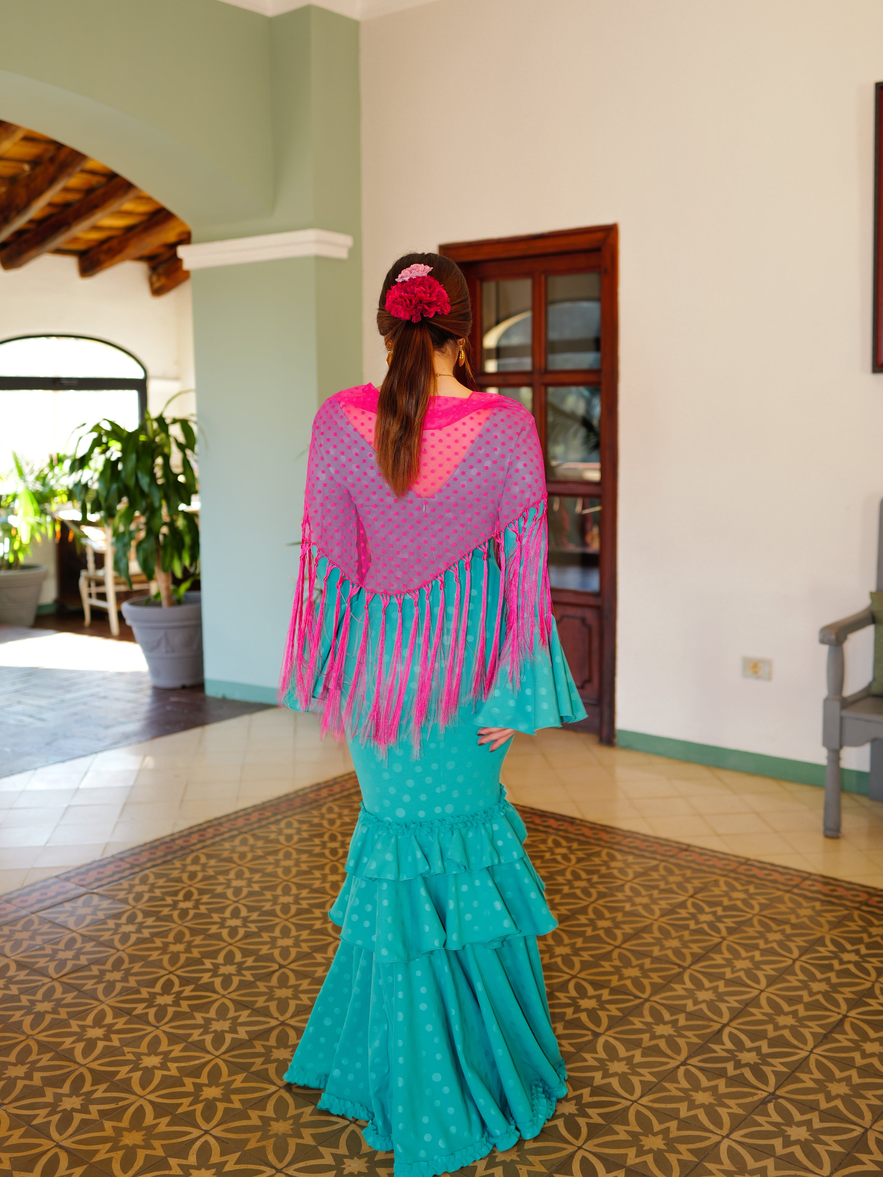Robe flamenca à volants à pois turquoise