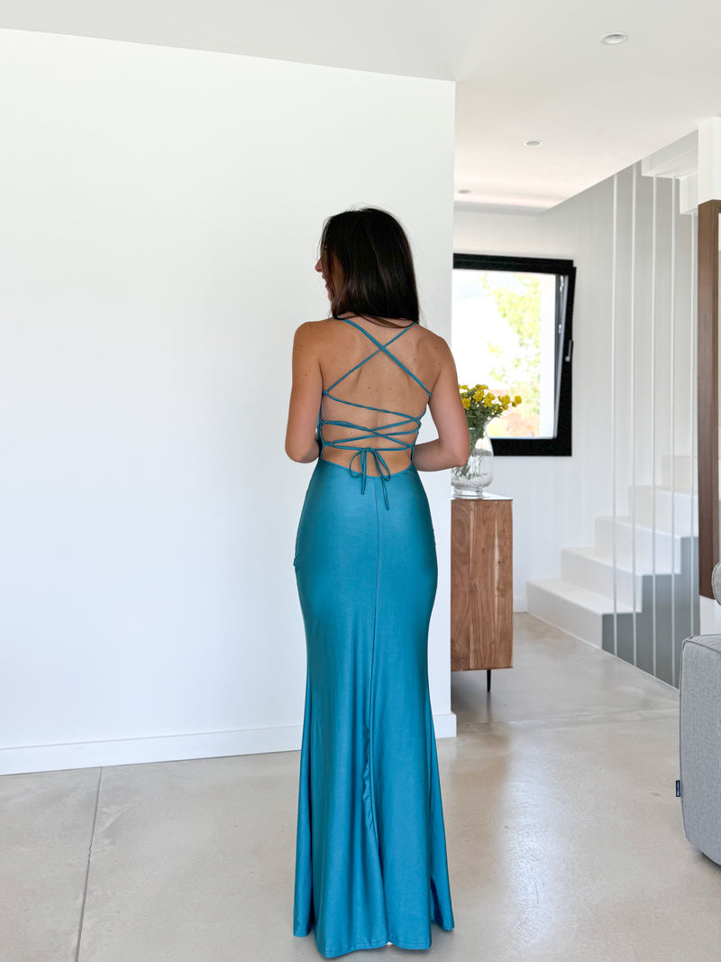 Robe à col V en satin entrelacé turquoise