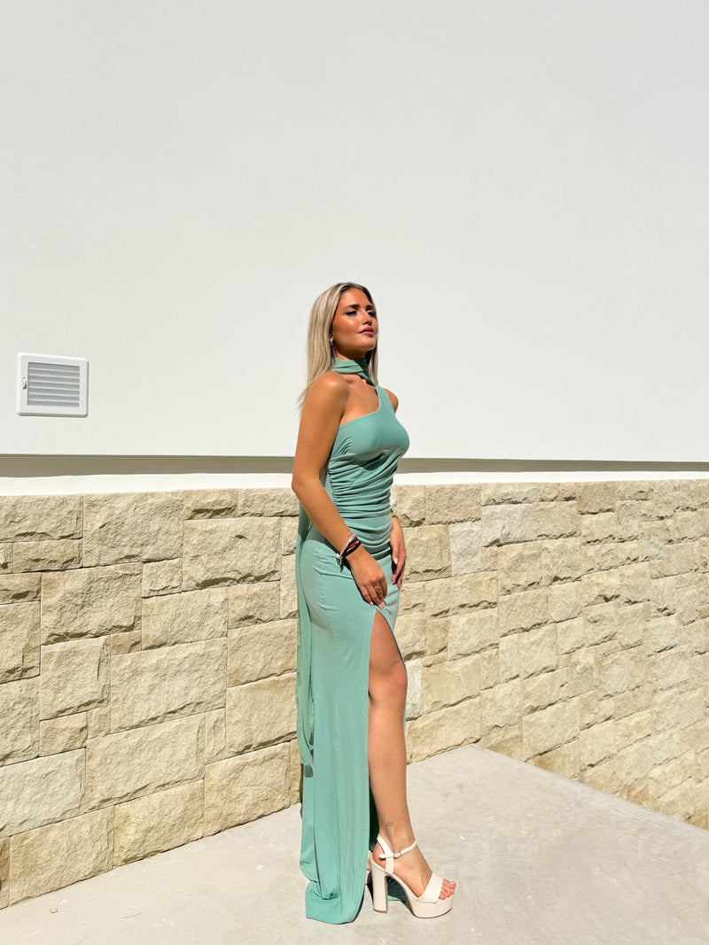 Robe mint back choker pucker dress