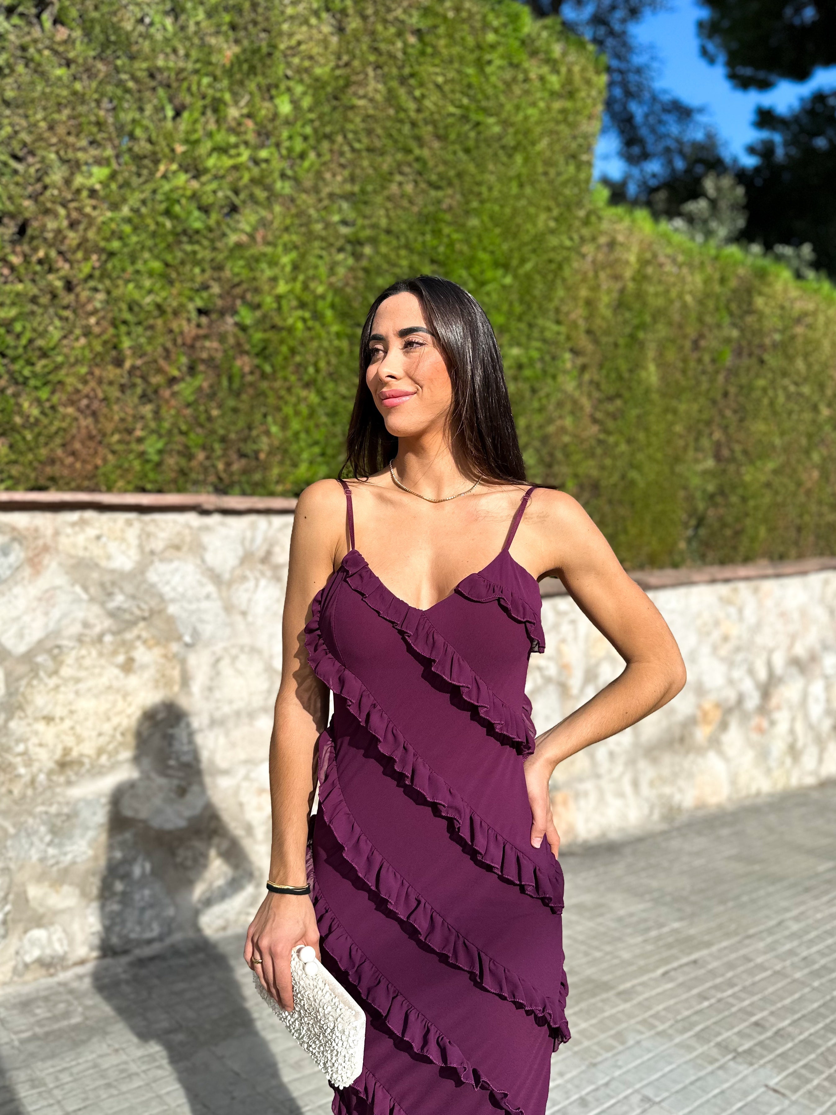 Robe à volants en crêpe aubergine