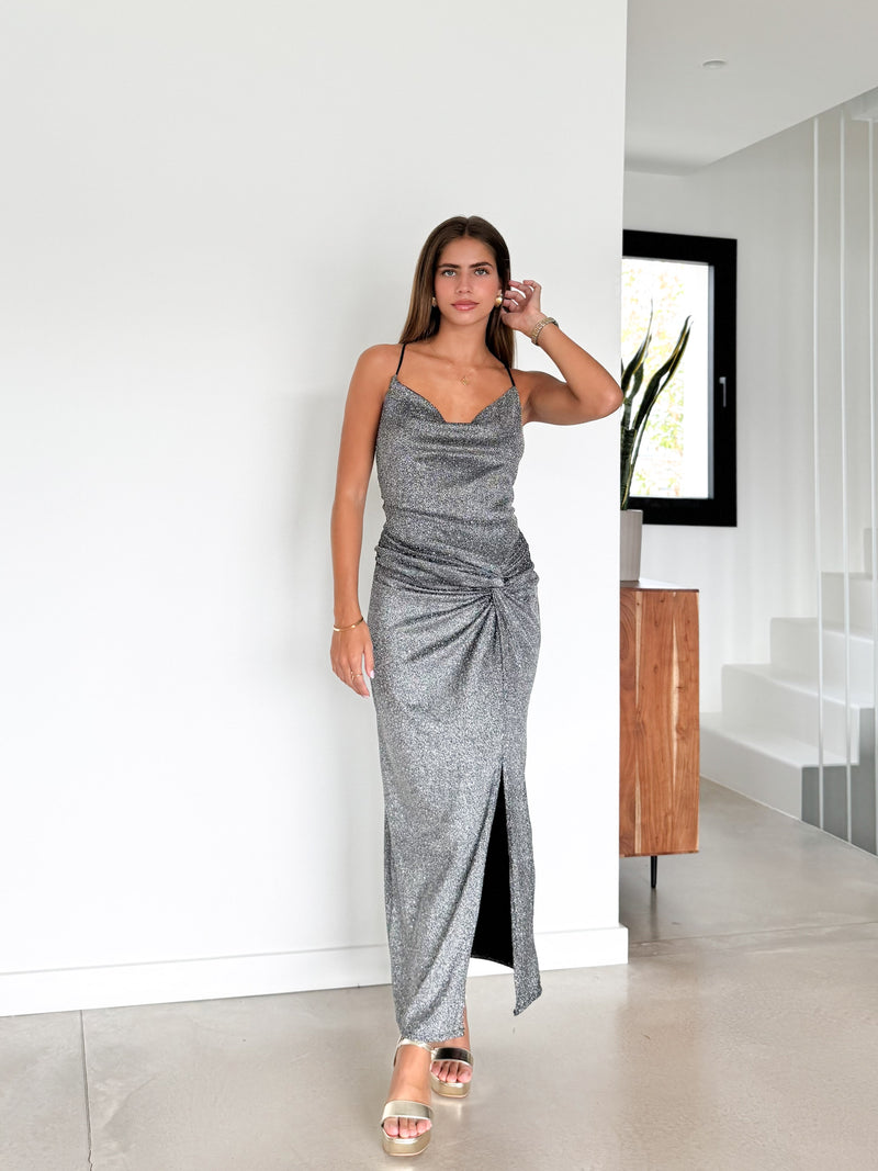 Robe midi lurex cascade entrelacé argent