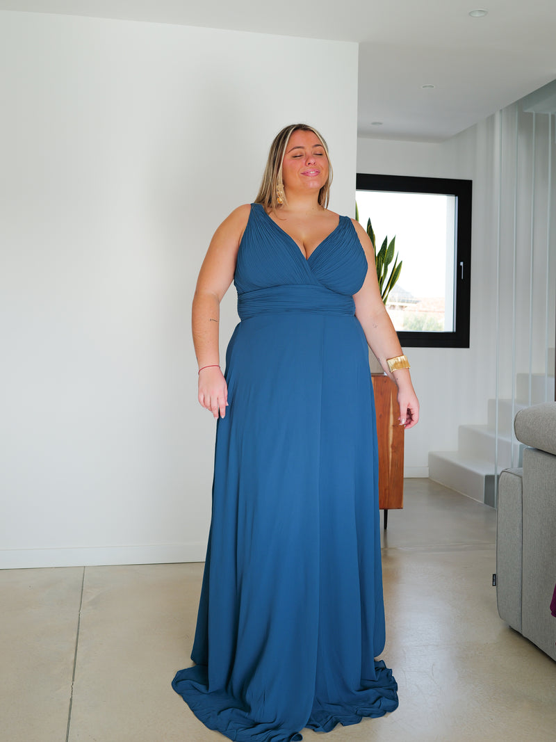 Robe longue avec décolleté en V drapé en pétrole