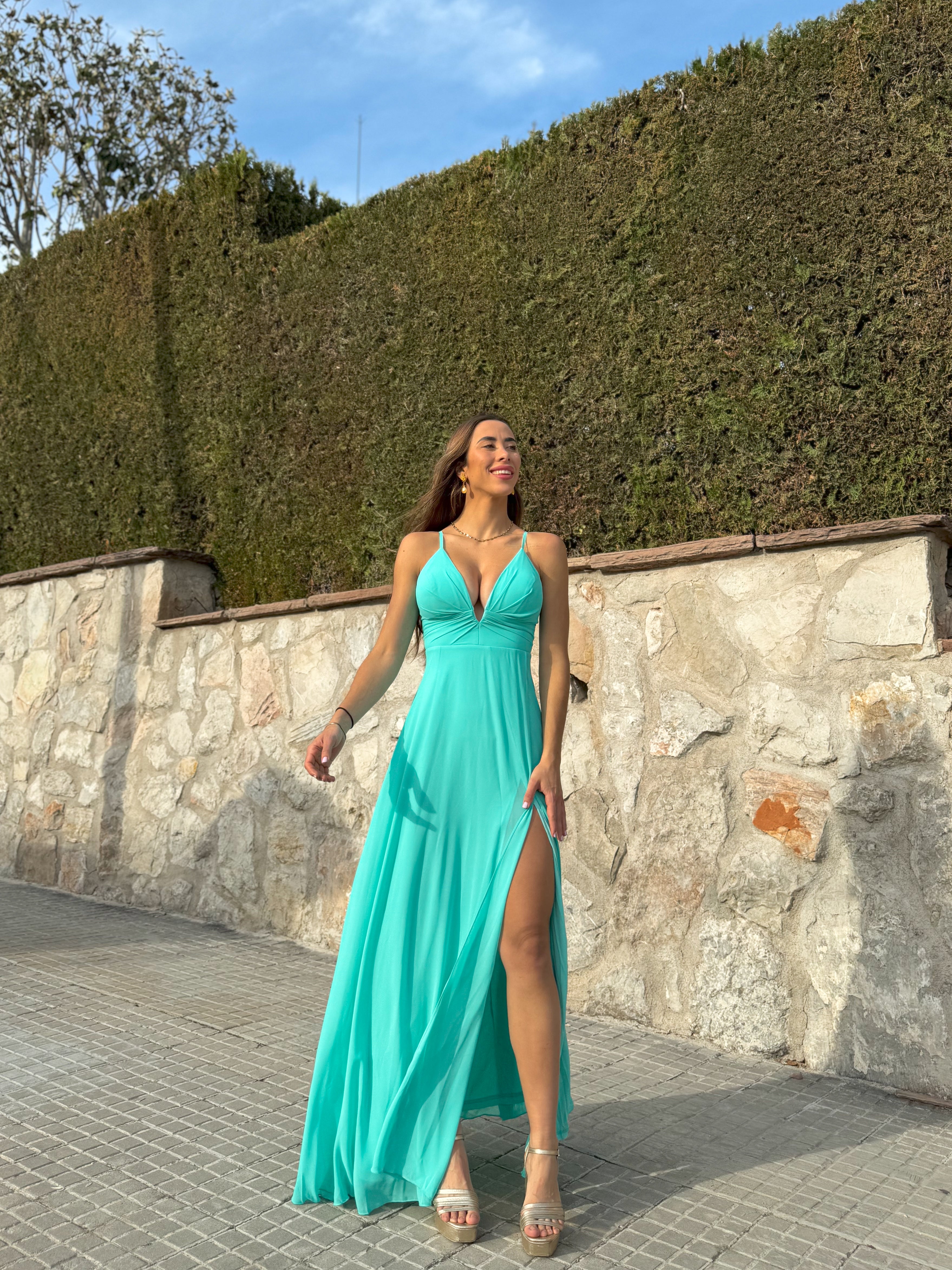 Robe à col en V en crêpe turquoise