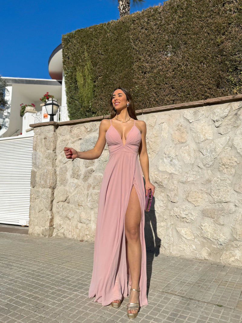 Robe en crêpe à pois rose