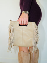 Sac en cuir lisse frangé beige