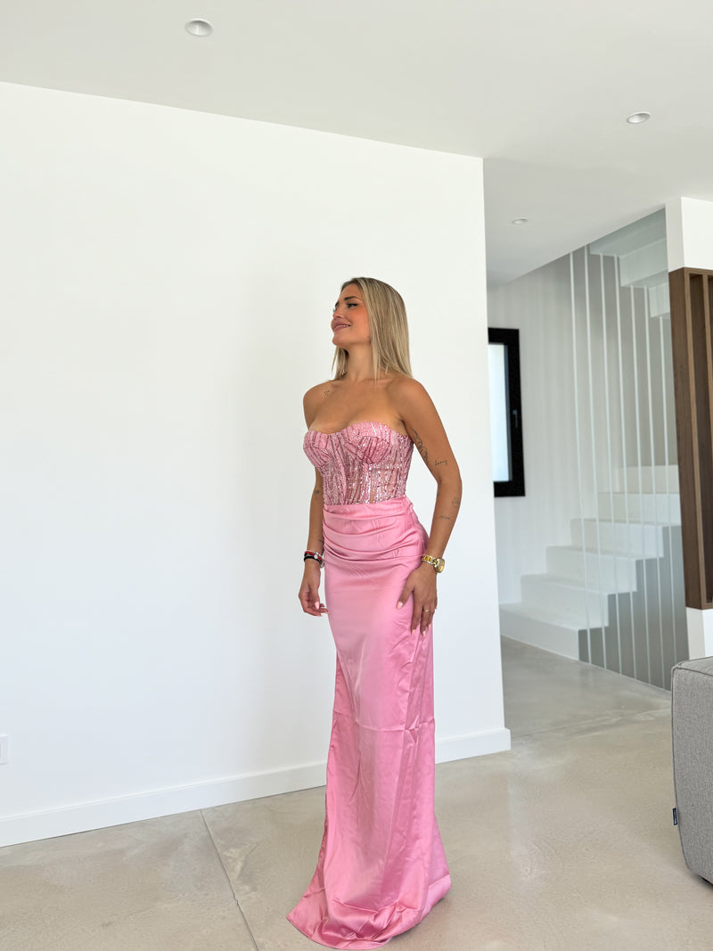 Robe à corset en satin brillant rose