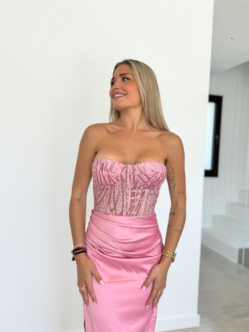 Robe à corset en satin brillant rose