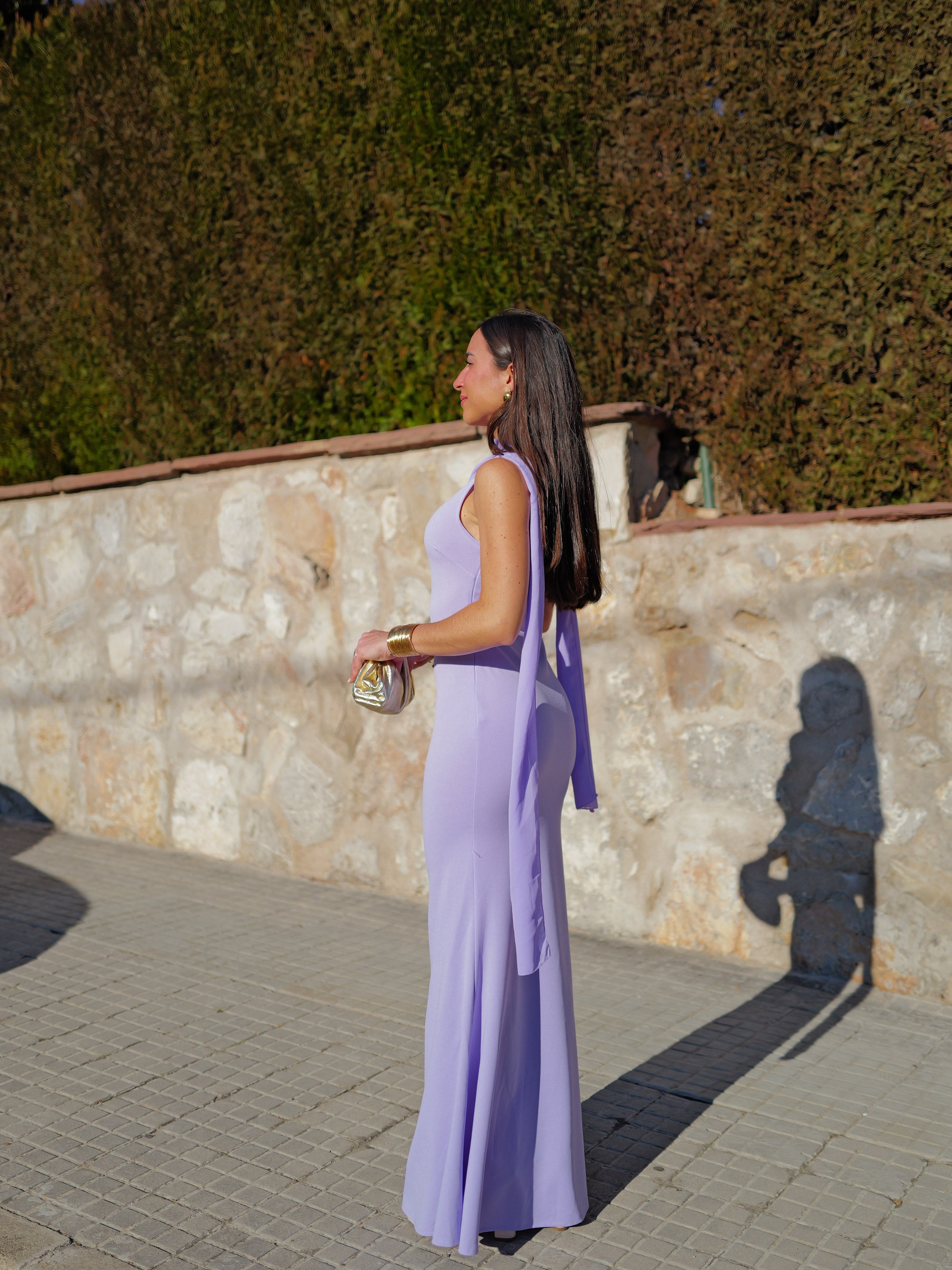 Robe longue asymétrique en mousseline de soie lilas