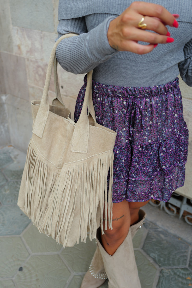 Sac en daim frangé beige