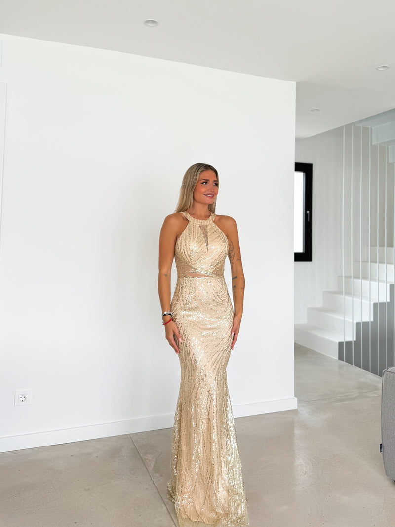 Robe dos nu dorée avec strass