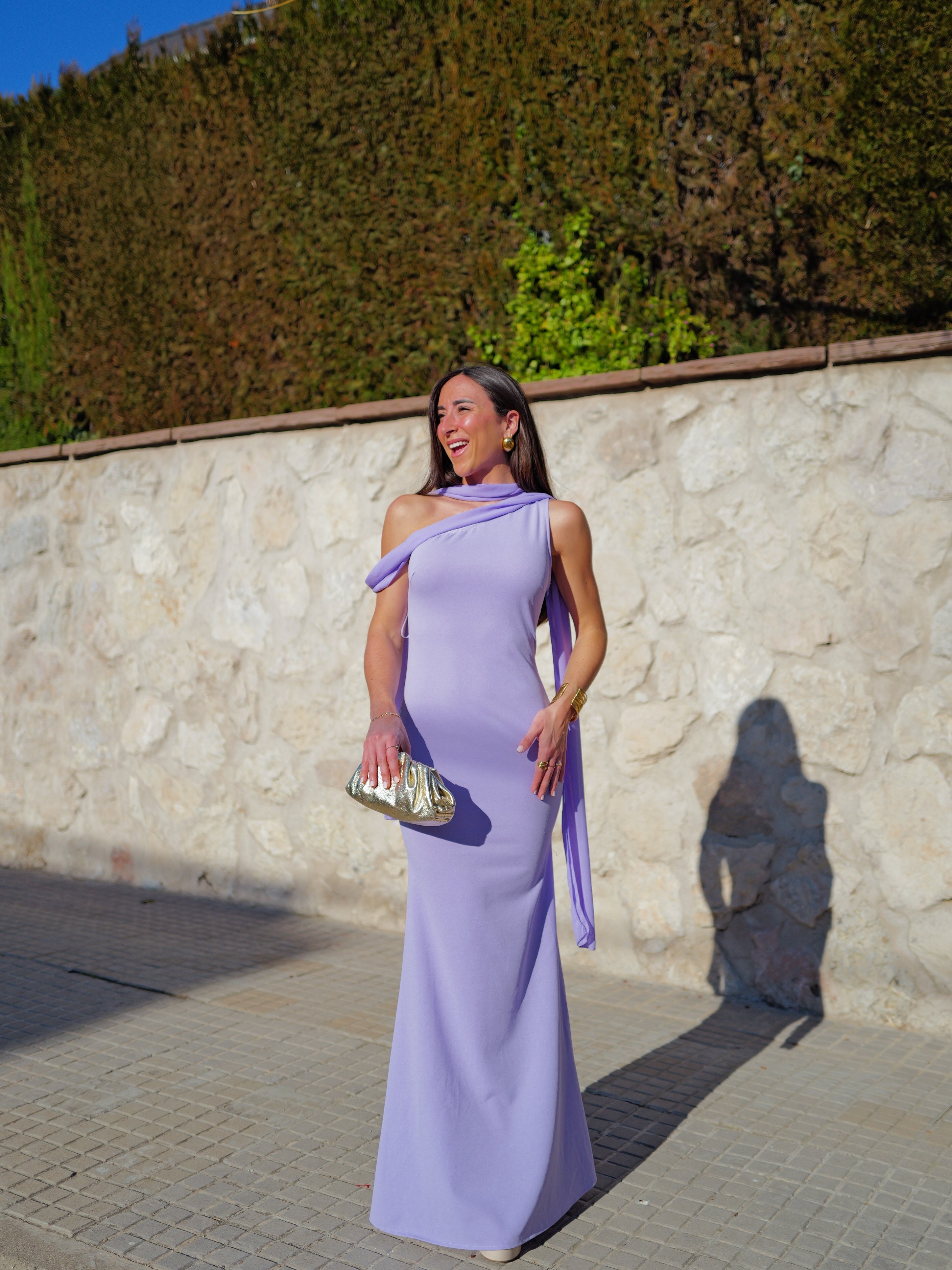 Robe longue asymétrique en mousseline de soie lilas