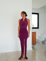 Robe cascade en tulle aubergine