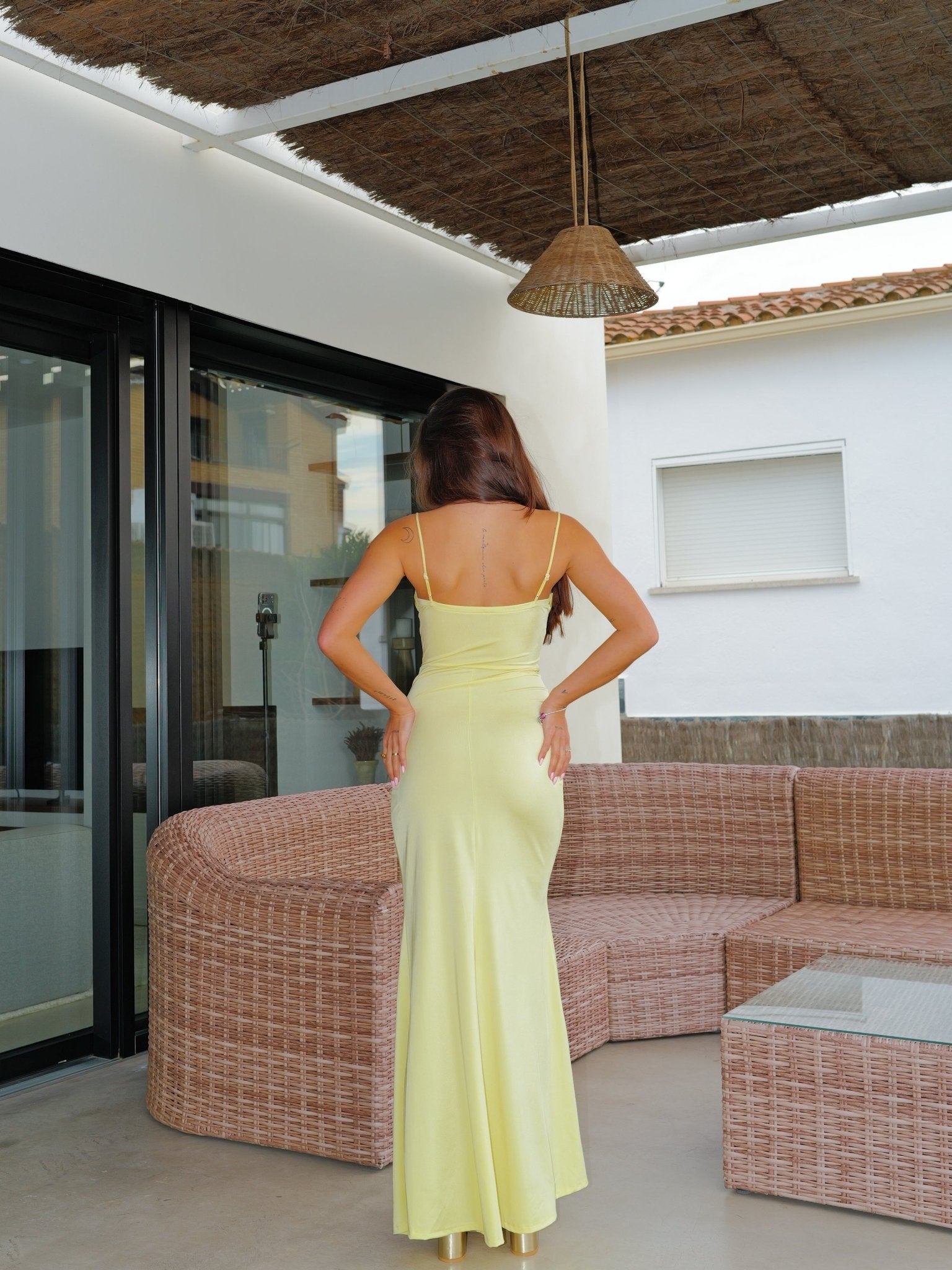 Robe longue corsage satinée jaune - SORELLAS