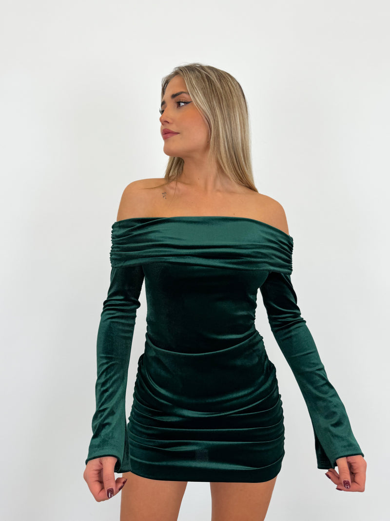 Robe bardot en velours bouteille