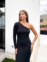 Robe longue asymétrique en lurex noir