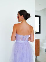 Robe à corset dentelle volants lilas